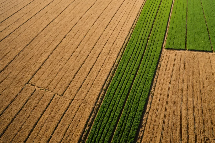 Split aerial view comparing healthy and drought-damaged crops