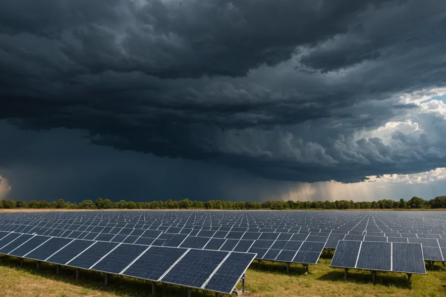 Solar farm panels with hurricane clouds building dramatically on the horizon