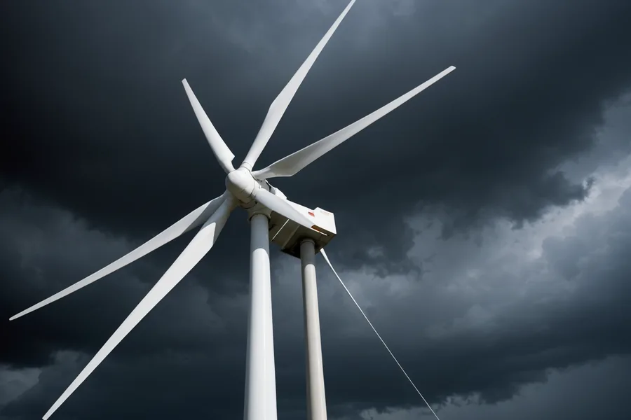 Wind turbine spinning in high winds against dramatic storm sky