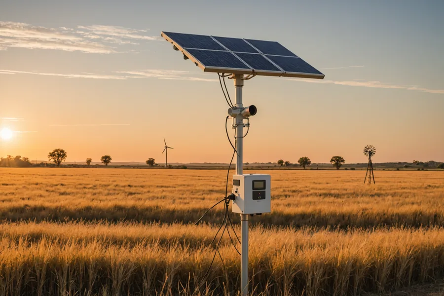 NOAA weather monitoring station in a rural field at golden hour