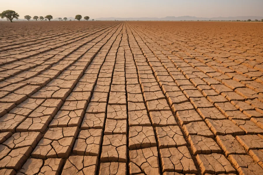 Severely drought-cracked clay soil showing extreme drought conditions