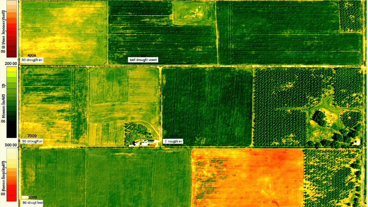 Satellite thermal imagery showing heat stress patterns in agricultural region