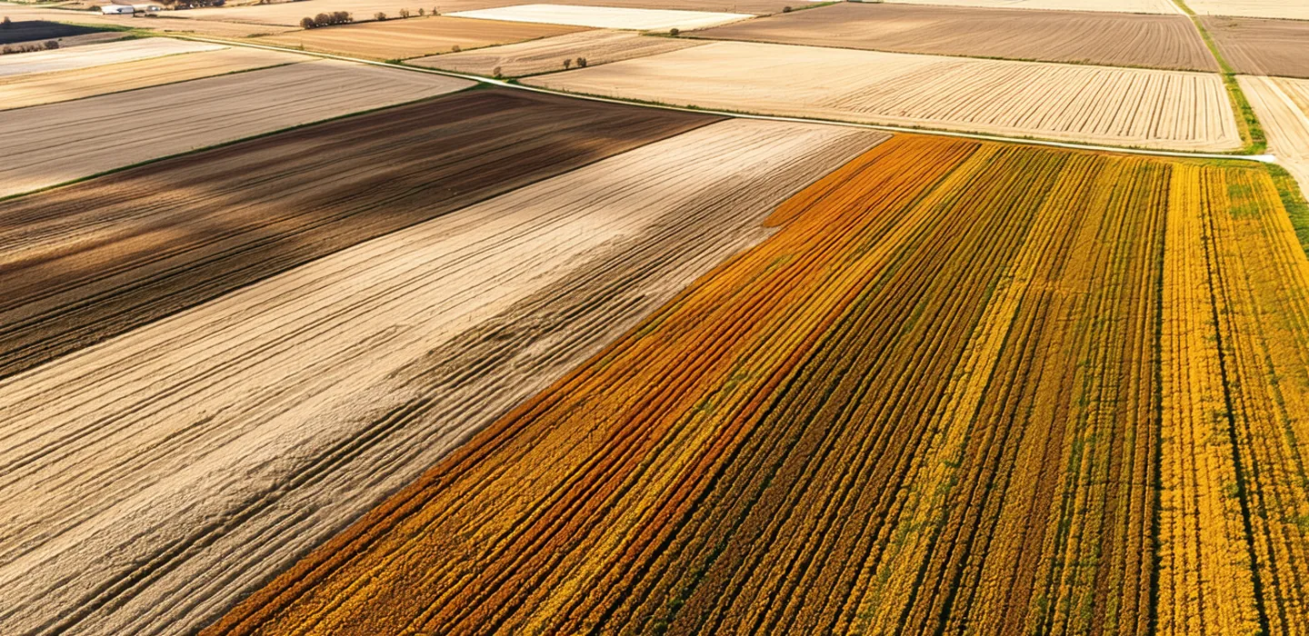 Aerial view of agricultural fields showing drought stress patterns