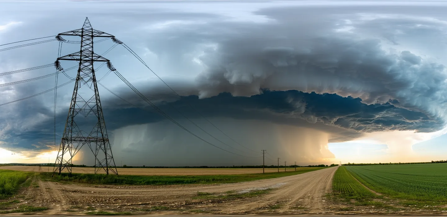 Power transmission lines against a threatening storm sky
