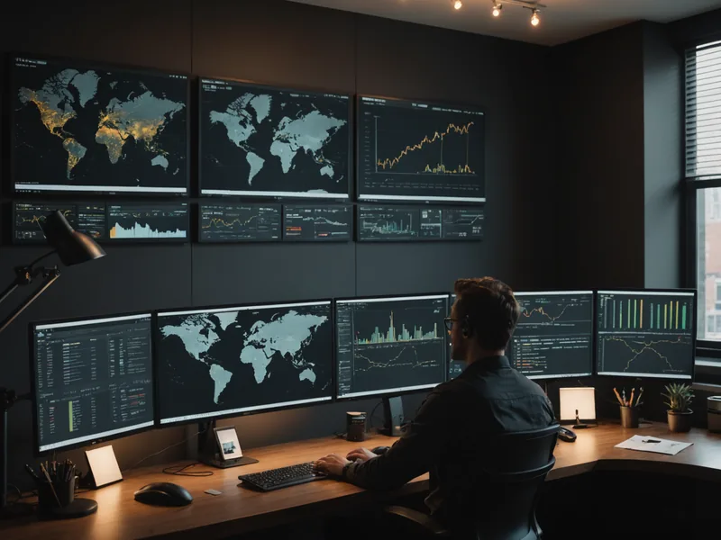 Riskwright team working at data visualization workstations in modern Atlanta office